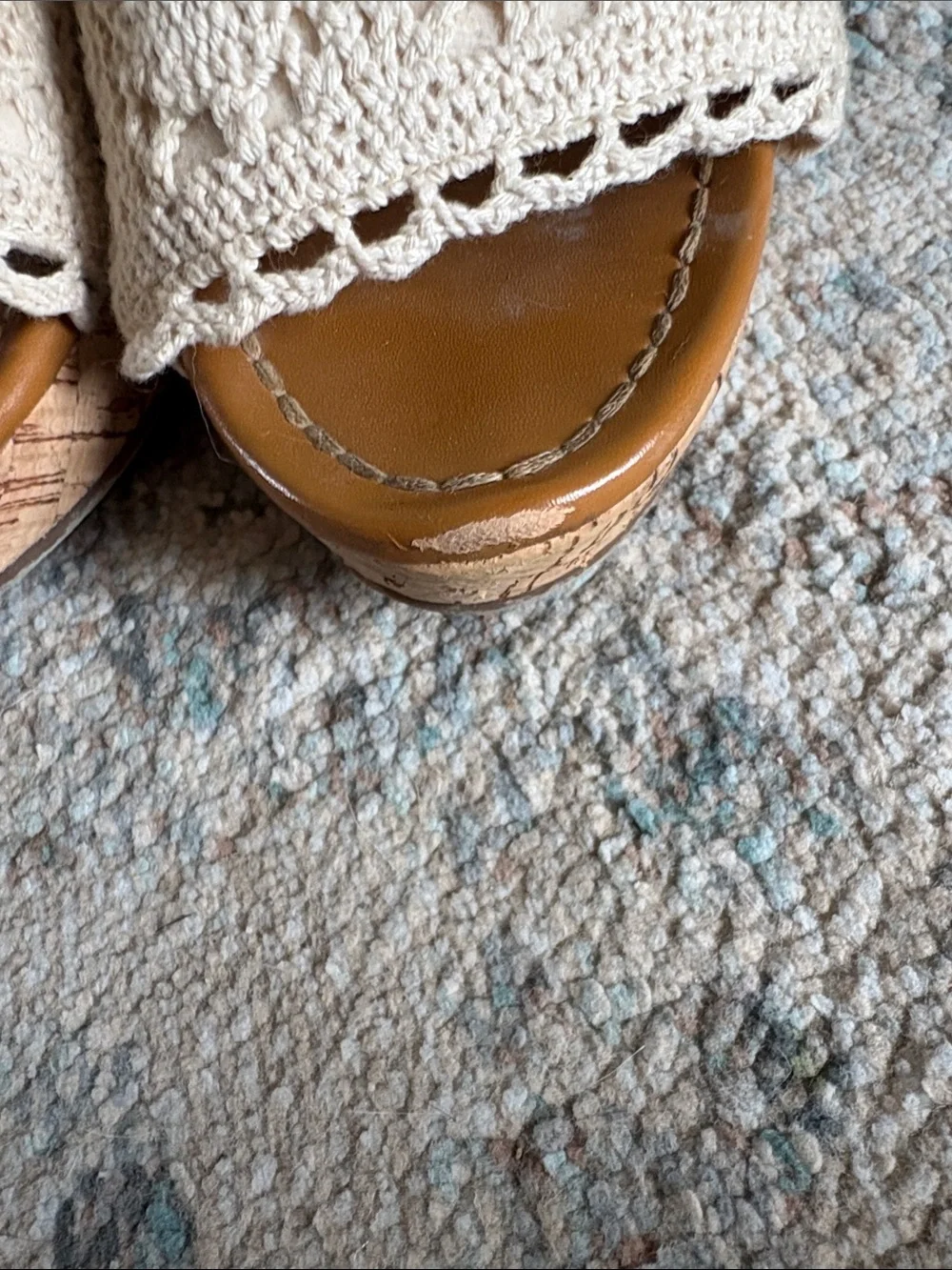 American Eagle Outfitters Crochet Front Wedge Sandals in Cream and Tan